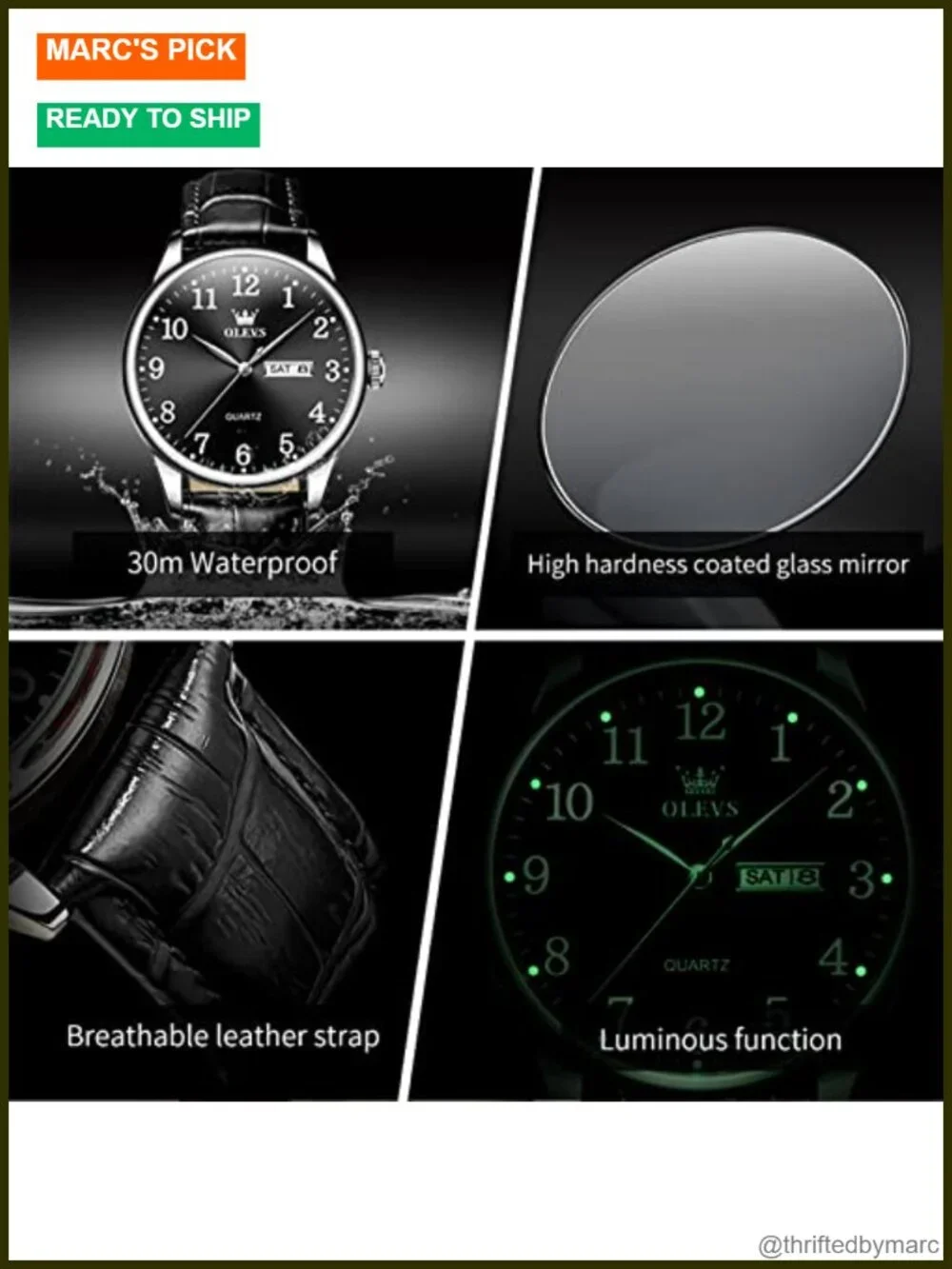Men's Dress Watch Waterproof Leather Band Large Face Analog Quartz Business